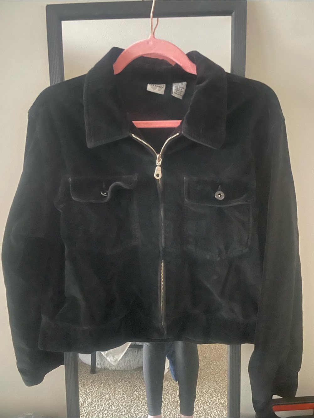 Black Velvet Zip-Up Jacket with Chest Pockets